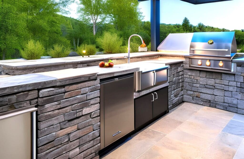 Custom outdoor kitchen with stone countertops and modern hardscape design